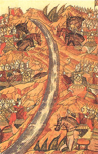 Стояние на реке Угре. Миниатюра летописного свода. XVI век.